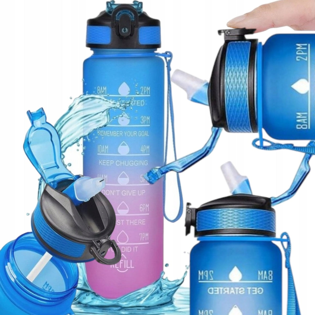 Bottle Motivational Water Bottle Ombre Mouthpiece Straw 1l Blue-fuchsia