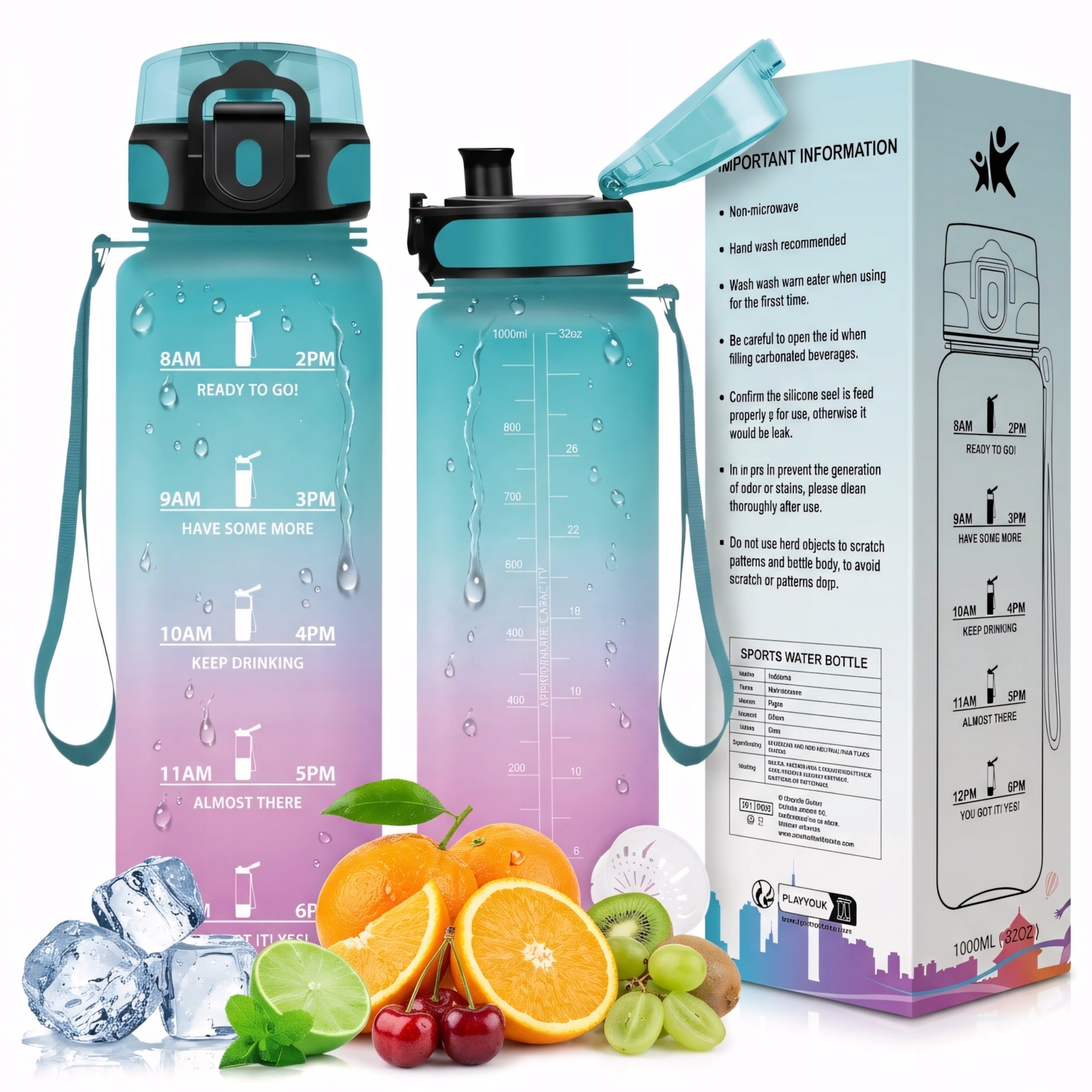 Bottle Water Bottle 1000ml Tritan with Measure Motivational