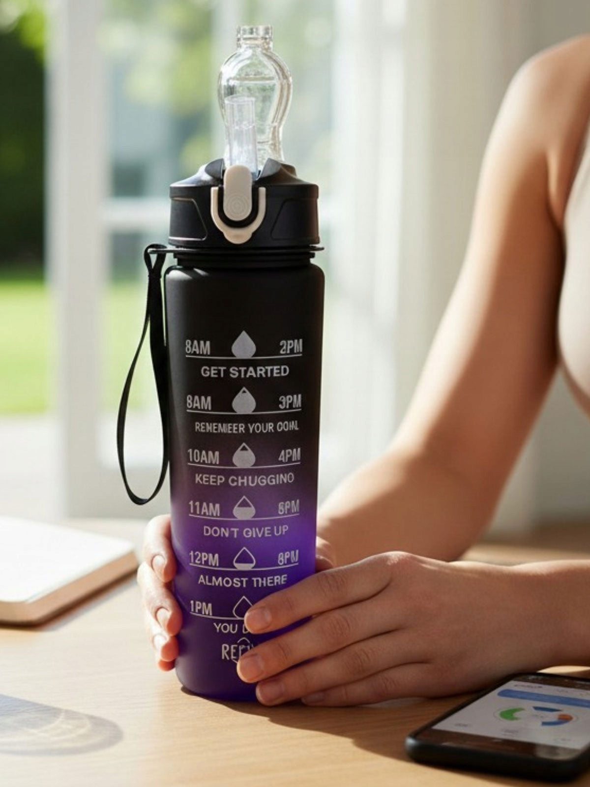 Bottle Water Bottle 900 ml Straw Holder Measure Motivational Purple Volume 900 ml