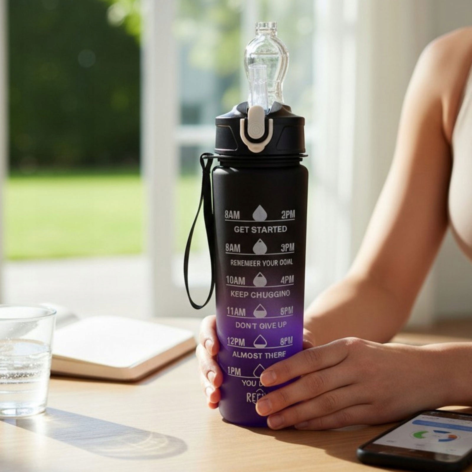 Bottle Water Bottle 900 ml Straw Holder Measure Motivational Purple