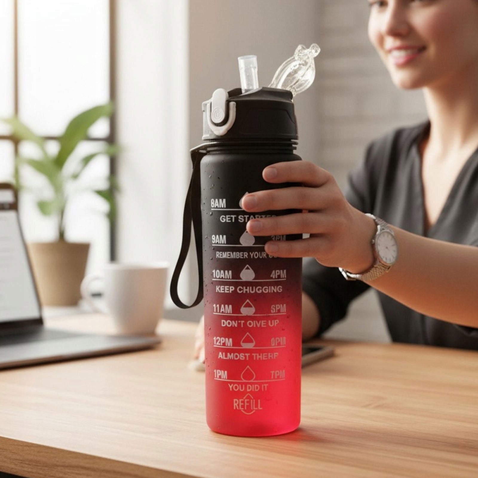 Bottle Water Bottle 900 ml Straw Holder Measure Motivational Red