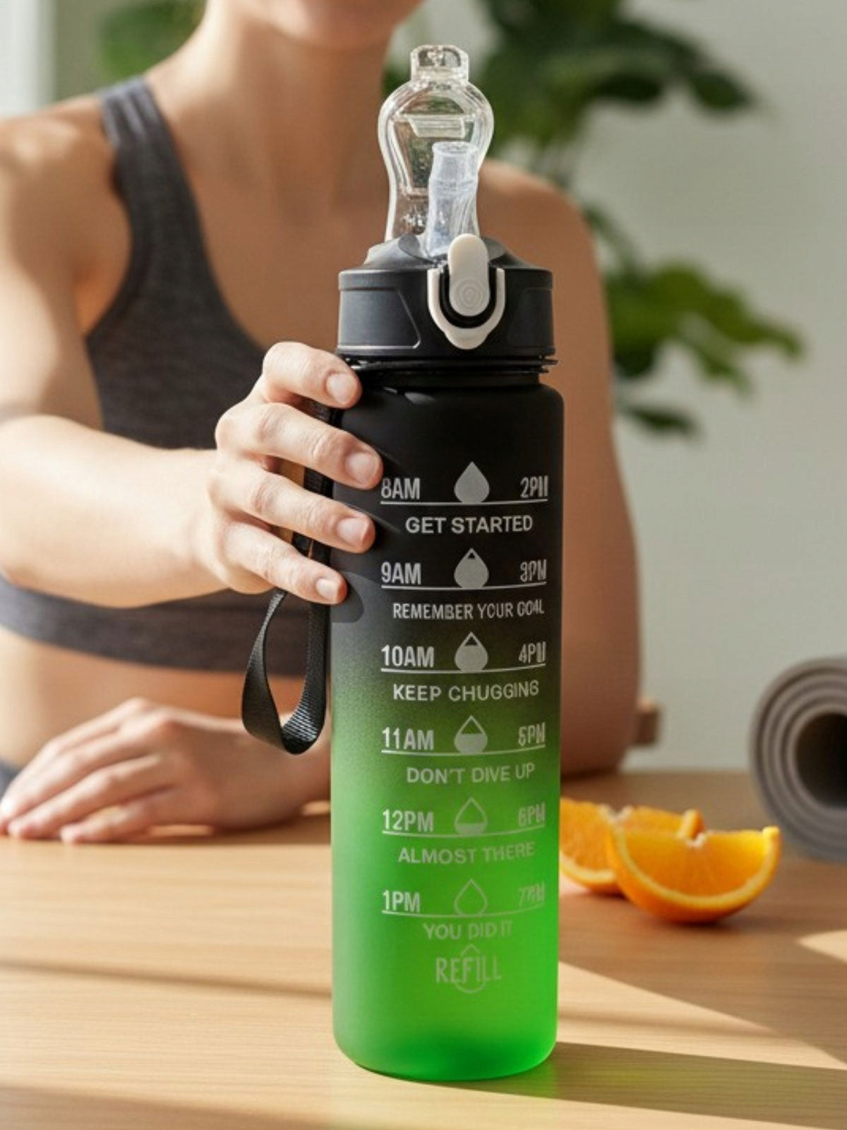 Bottle Water Bottle 900 ml Straw Holder Motivational Measure Green Volume 900 ml