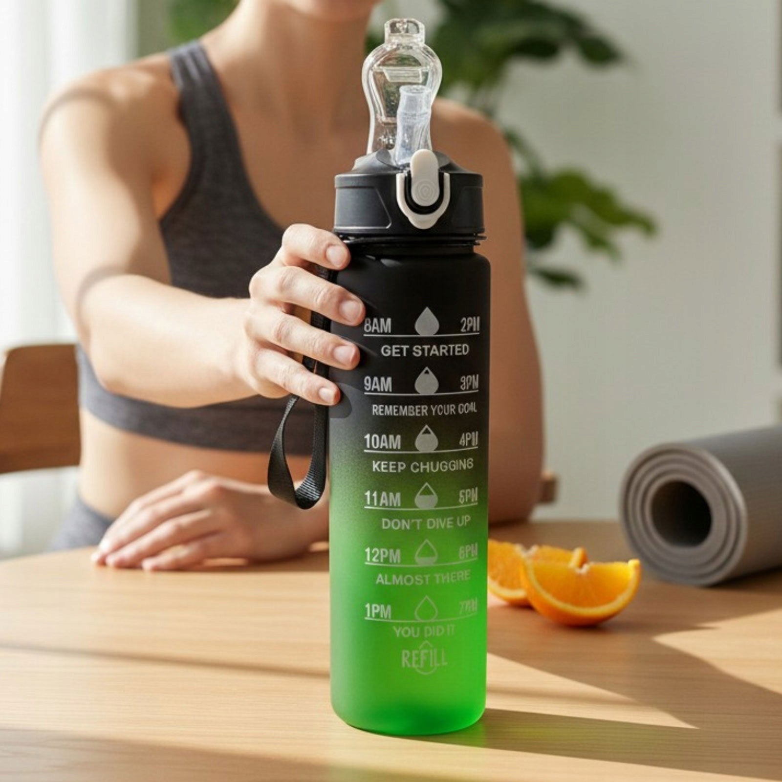 Bottle Water Bottle 900 ml Straw Holder Motivational Measure Green