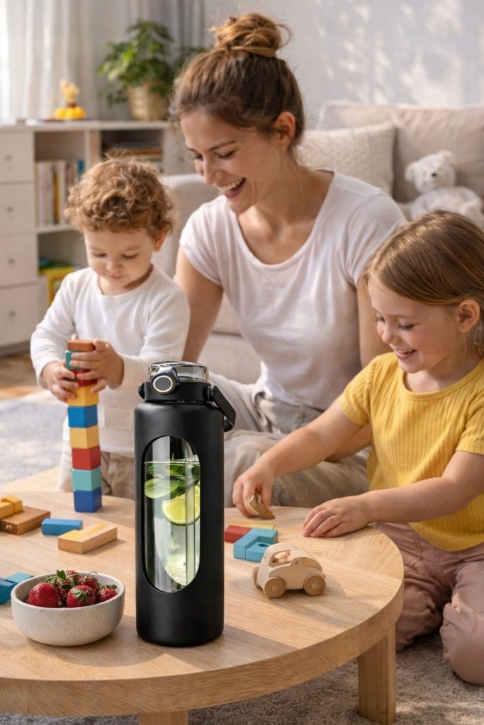 Bottle glass bottle 1.8 l for gym water with phone holder Color beige