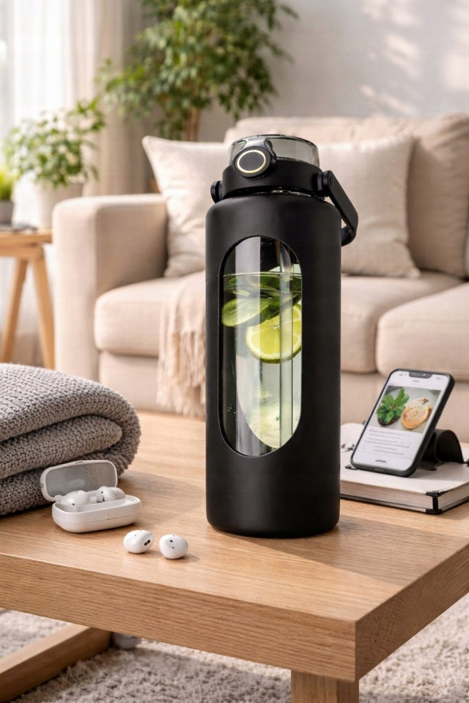 Bottle glass bottle 1.8 l for gym water with phone holder Customs tariff code 70134910