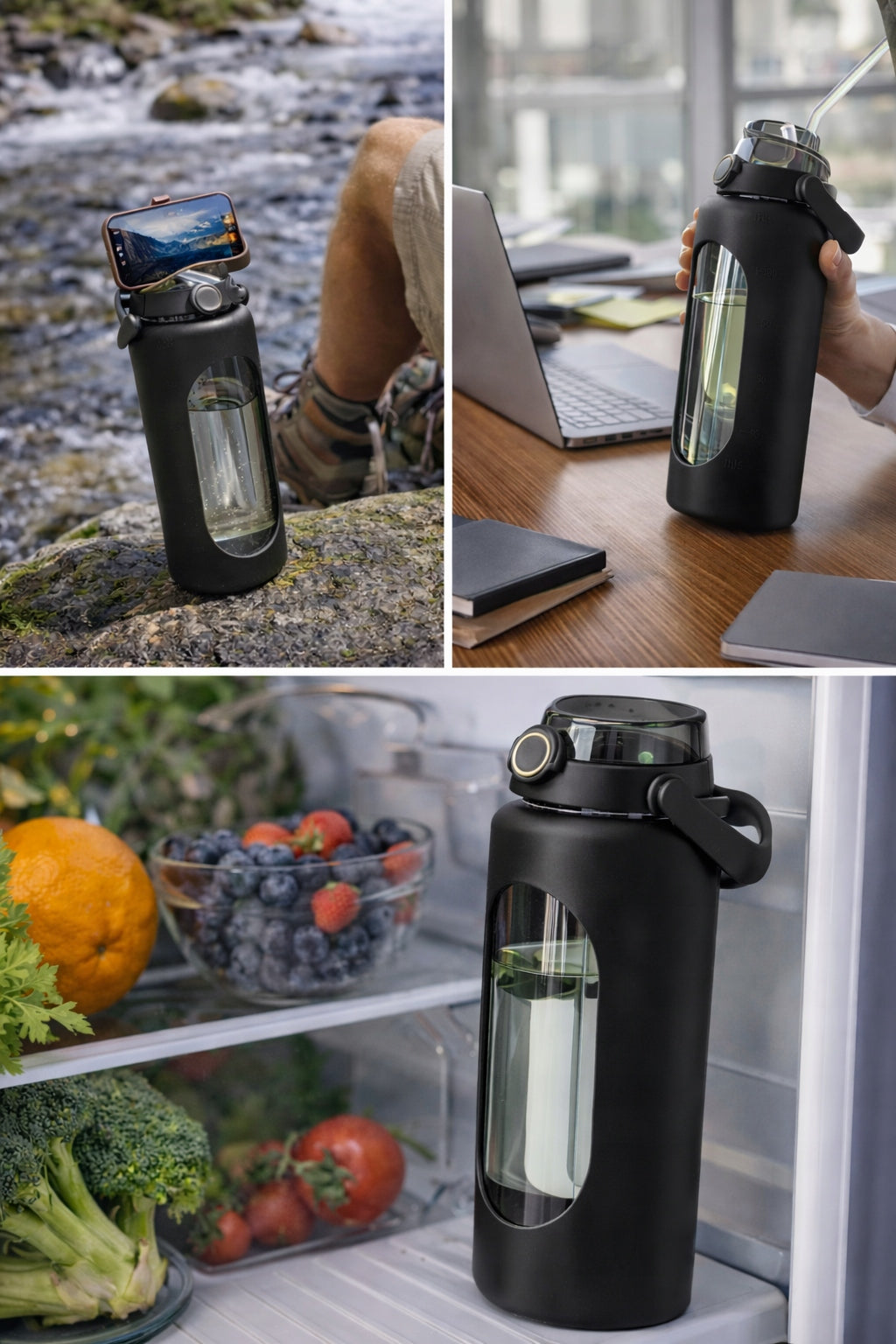 Bottle glass bottle 1.8 l for gym water with phone holder Manufacturer code BUTELKA NA WODE SZKLANA Z RĄCZKĄ I SŁOMKĄ LIN