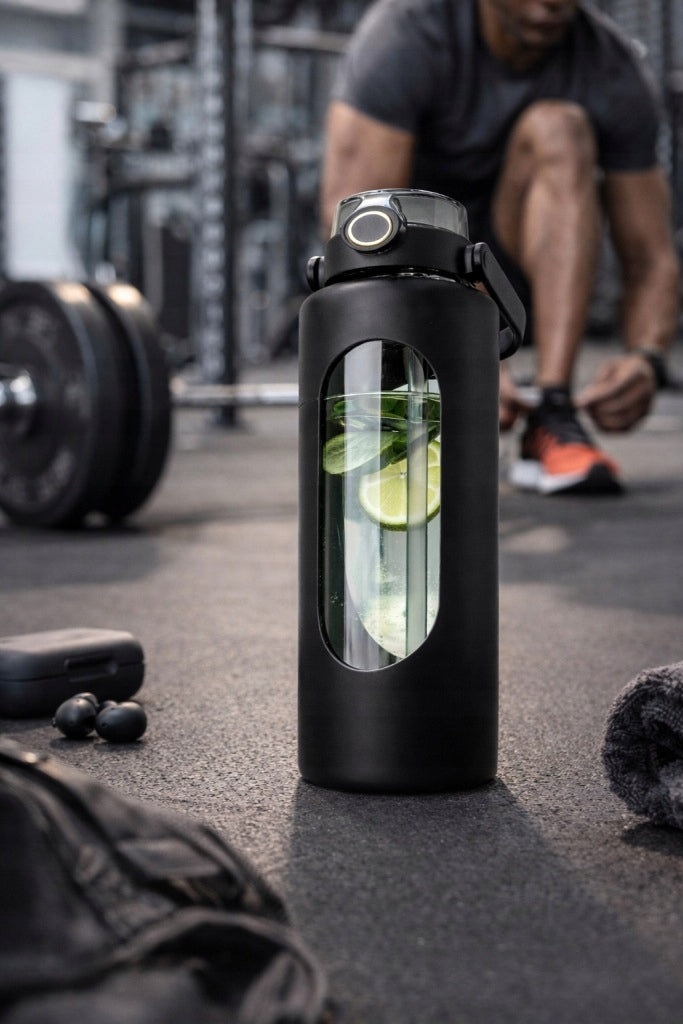 Bottle glass bottle 1.8 l for gym water with phone holder Model BUTELKA NA WODE SZKLANA Z RĄCZKĄ I SŁOMKĄ LINE