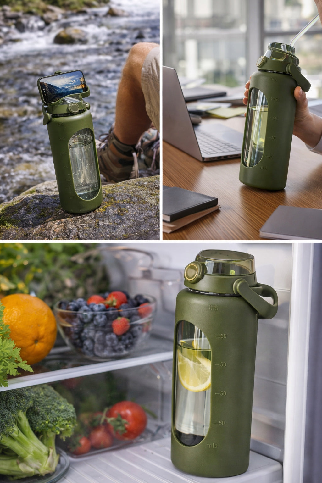 Bottle glass bottle 1 8 l for gym water with phone holder Volume 1800 ml