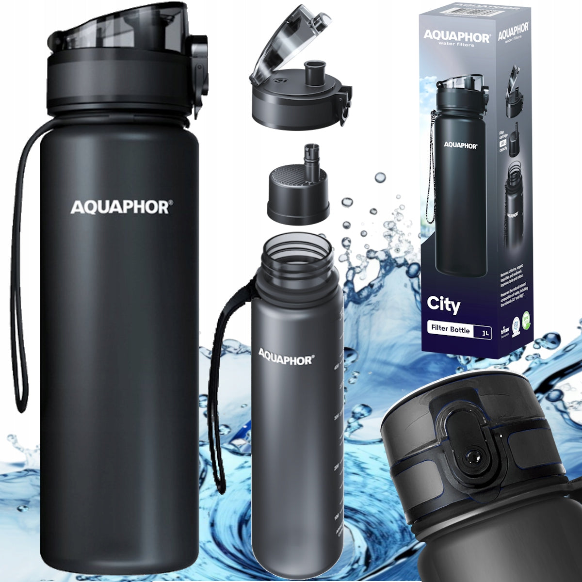 Bottle + water filter cartridge Aquaphor City 1l black water bottle