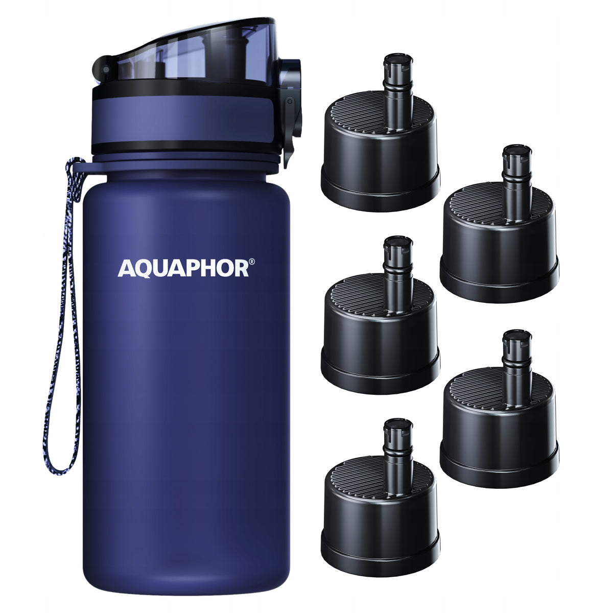 Bottle with Filter Bottle AQUAPHOR CITY 350 ml Navy Blue + 5 Cartridges Set
