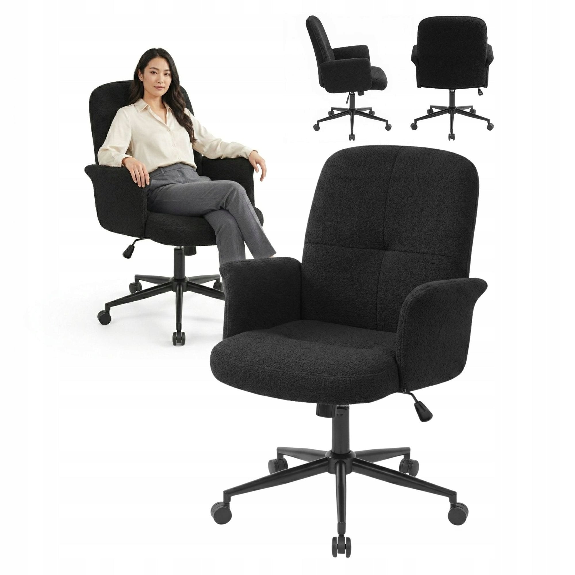 Bouclé Swivel Chair Black On Wheels Adjustable Modern Office