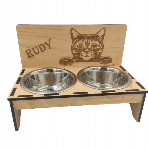 Bowl stand, for cat, name with engraving