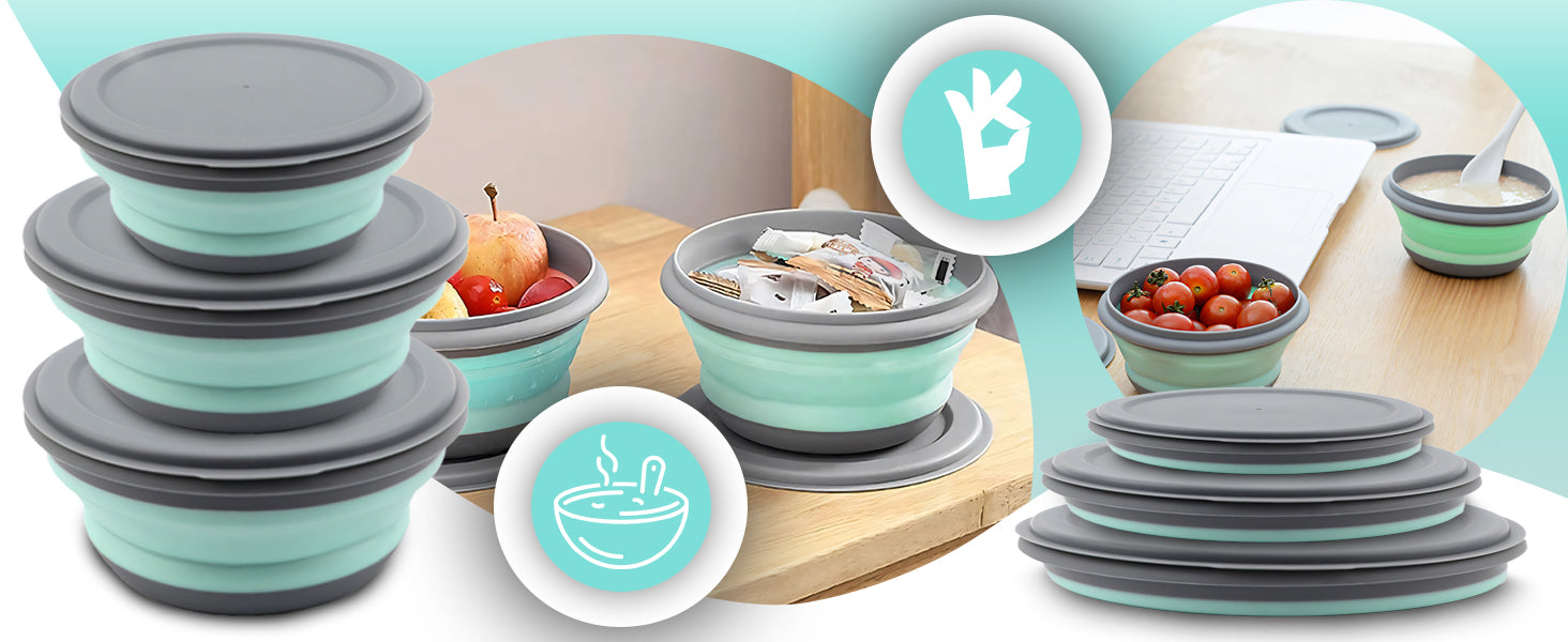 Bowls Travel Containers Silicone Folding with Lids Set of 3 Packaging status original