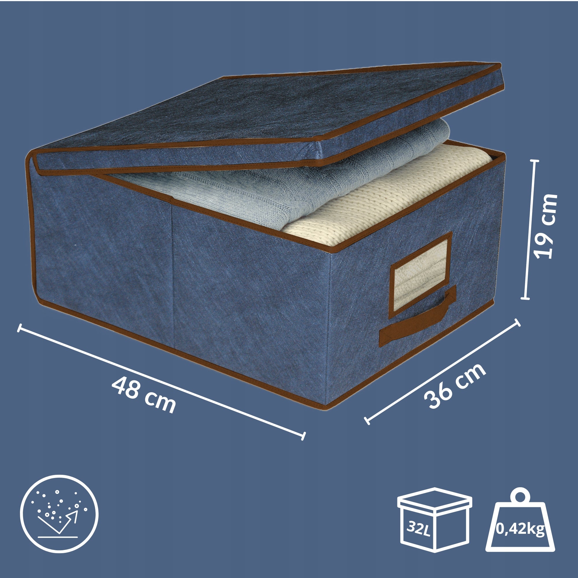 Box with lid blue 48x36x19cm, large up to 32L, lockable, with window Manufacturer code Organizer niebieski do szafy, przechowywanie