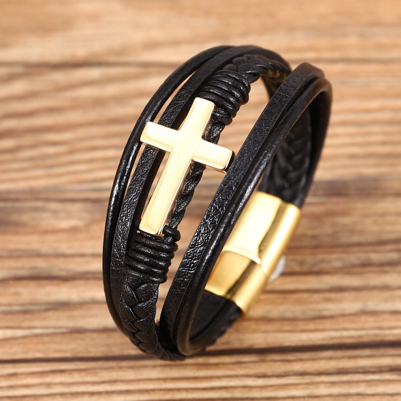 Geflochtenes Herrenarmband mit goldenem Kreuz, schwarz 