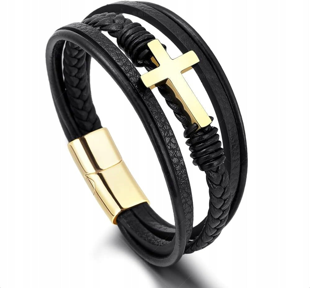 Geflochtenes Herrenarmband mit goldenem Kreuz, schwarz 