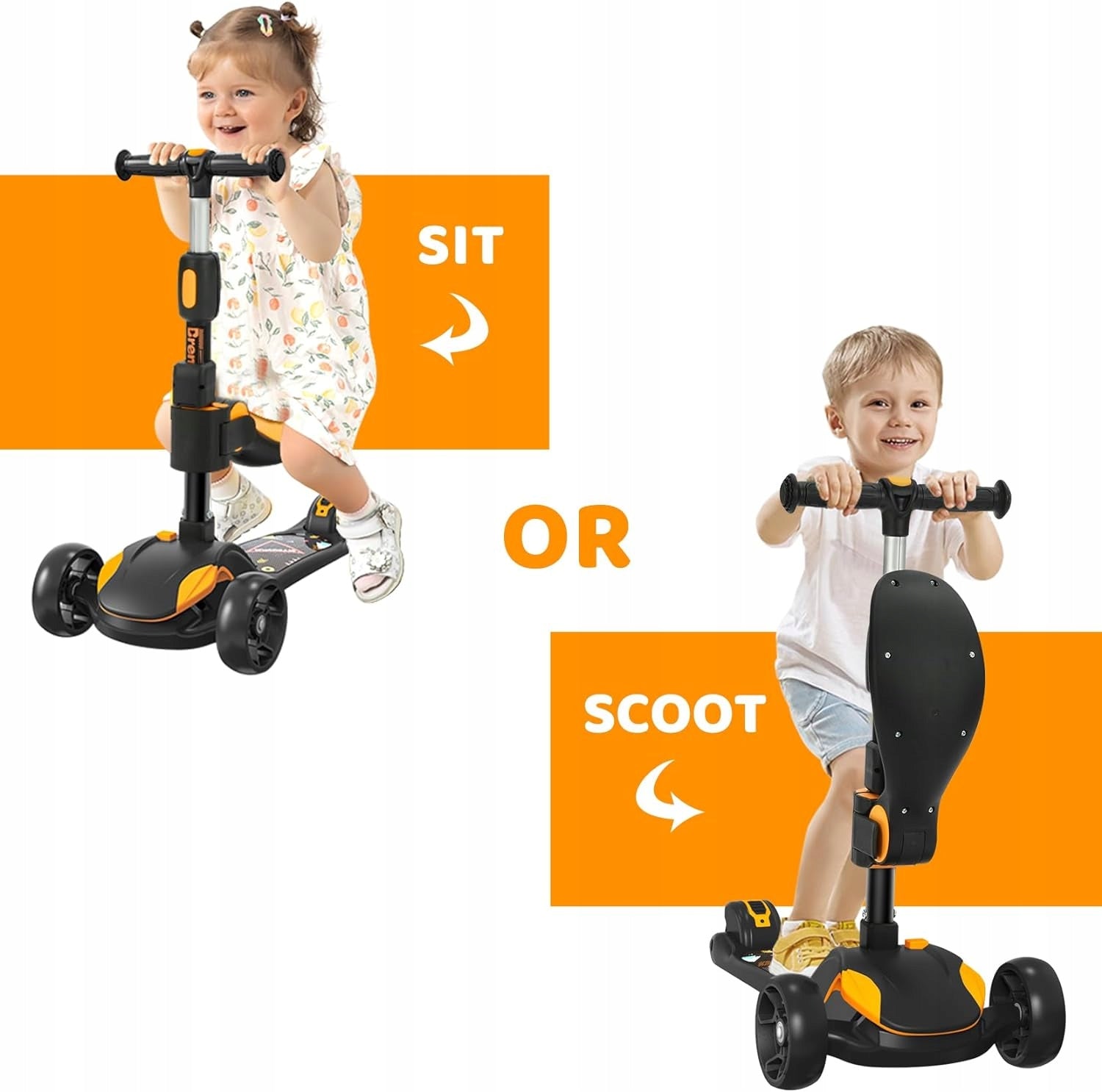BremToy Foldable Children's Scooter with Seat for 2+ Years, yellow Brake yes