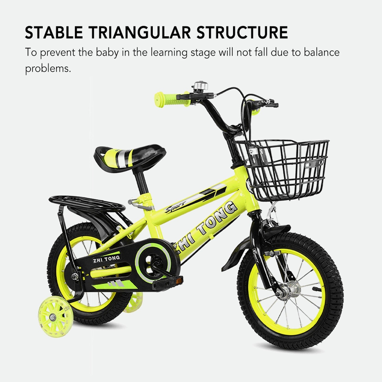 Bright yellow children's bike, suitable for outdoor riding. Color yellow
