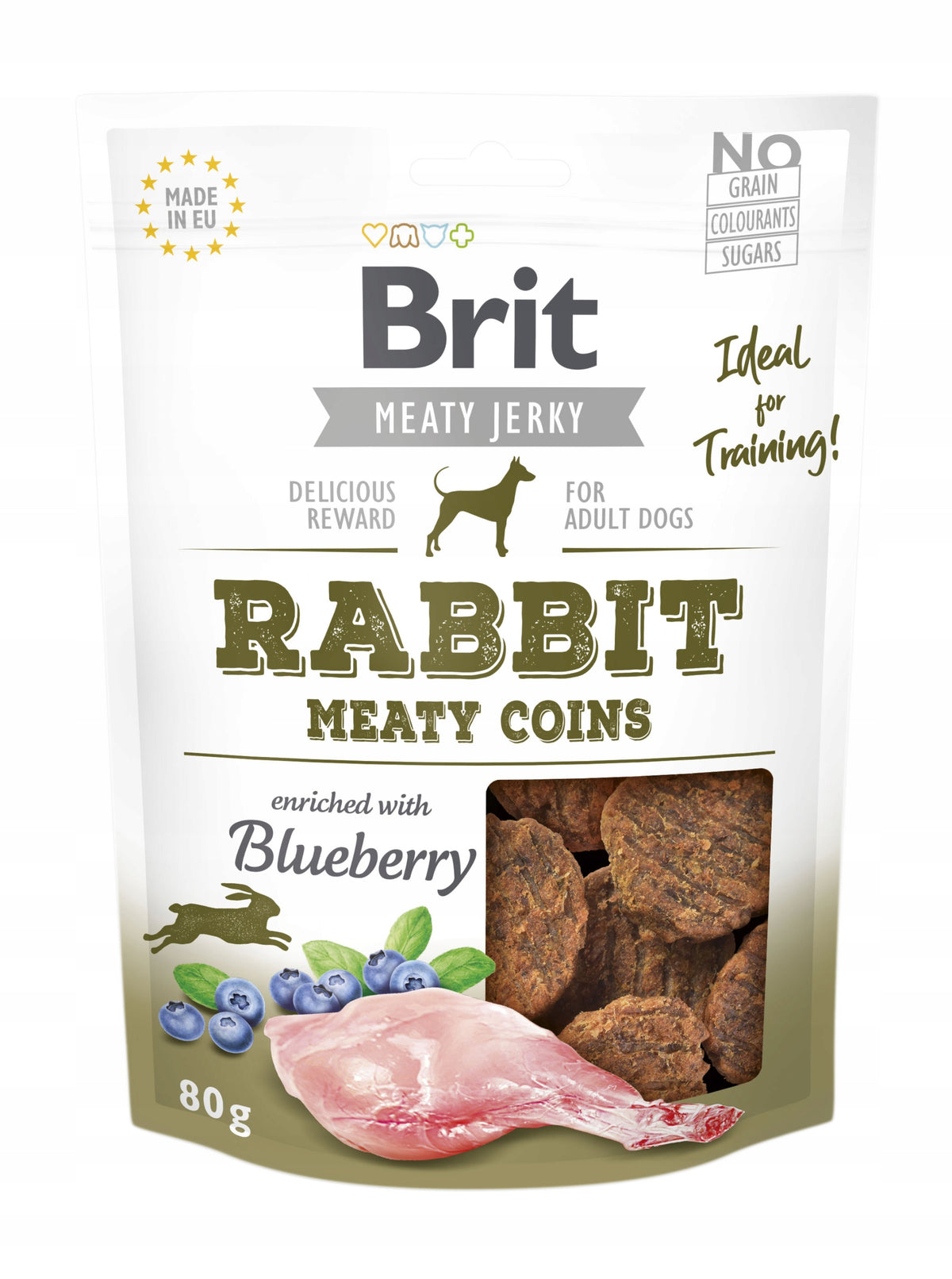 Brit Meaty Jerky Dog Treat 80g Meaty Coins - Rabbit + Blueberries