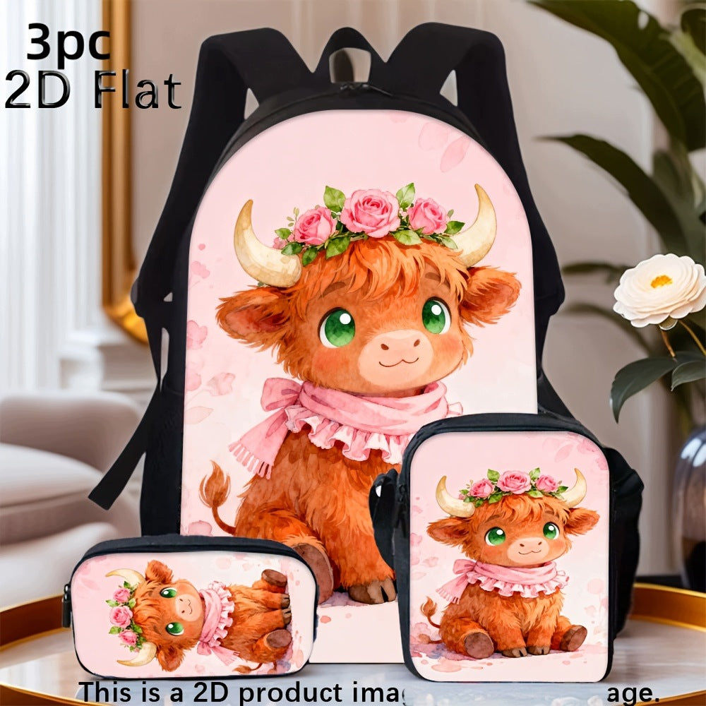 Brown Cow Pink Flower Crown Print Backpack Set with Adjustable Straps