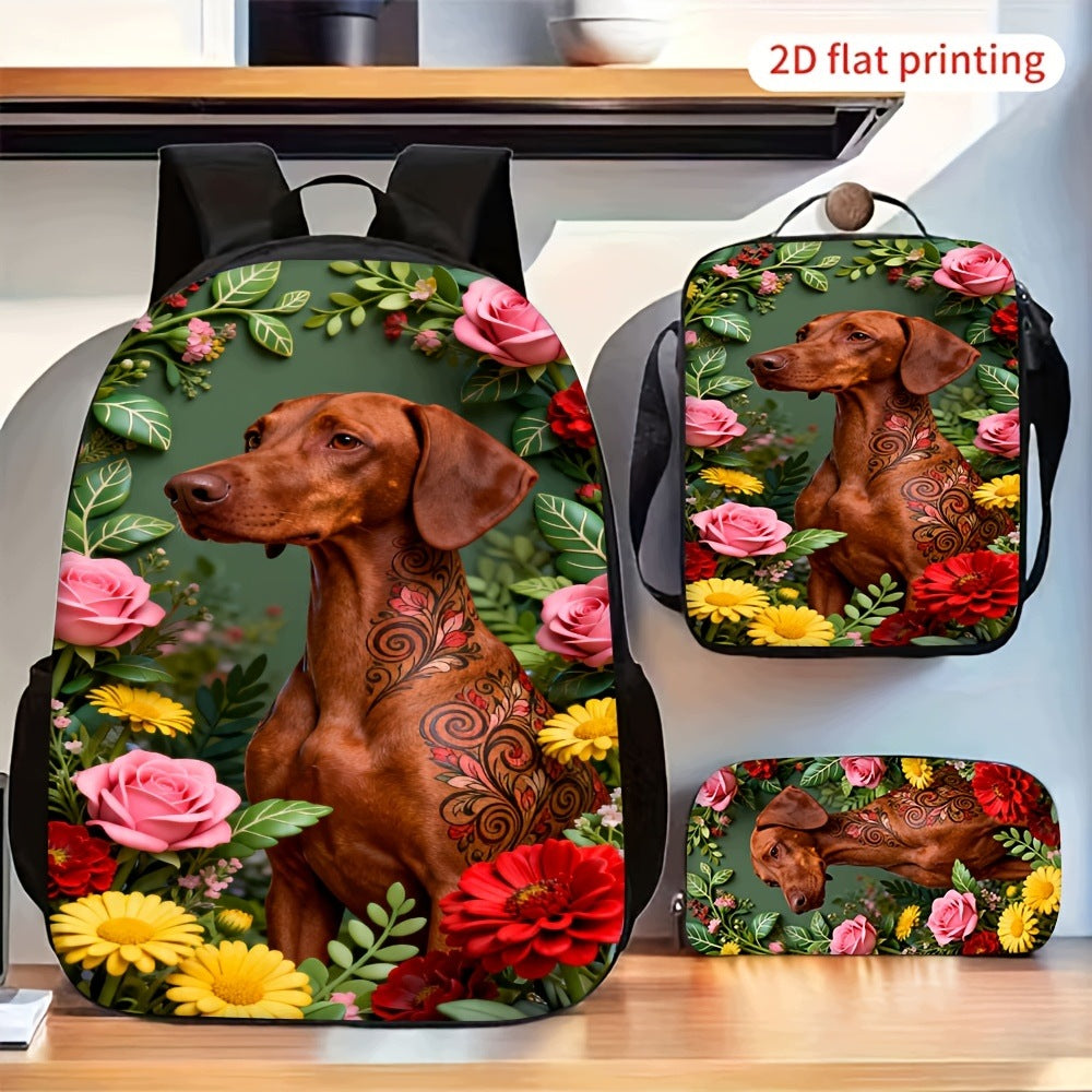 Brown Dog Floral Pattern 3-Piece Backpack Set - 2D Flat Decorative