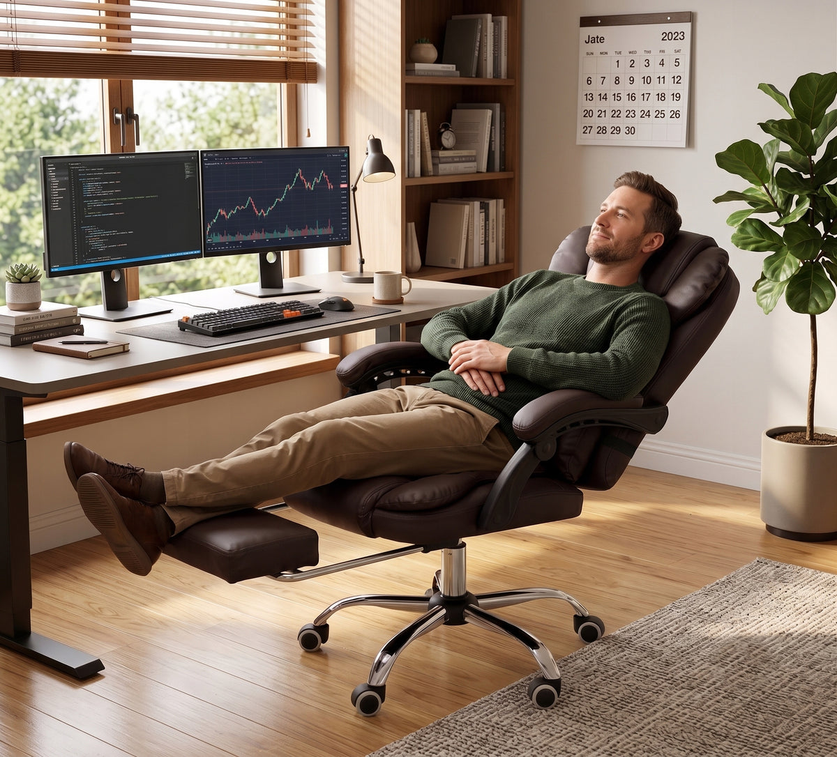Brown comfortable office chair with footrest and lumbar cushion NBK003-HT Packaging status original