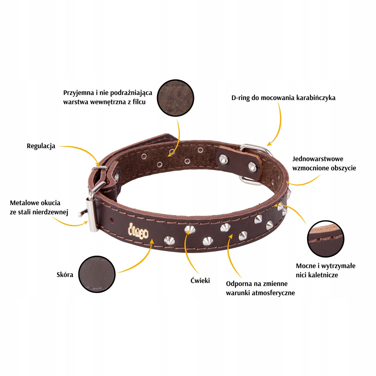 Brown leather dog collar with studs Dingo L dimensions 2,5 x 60 cm PL Packaging status original