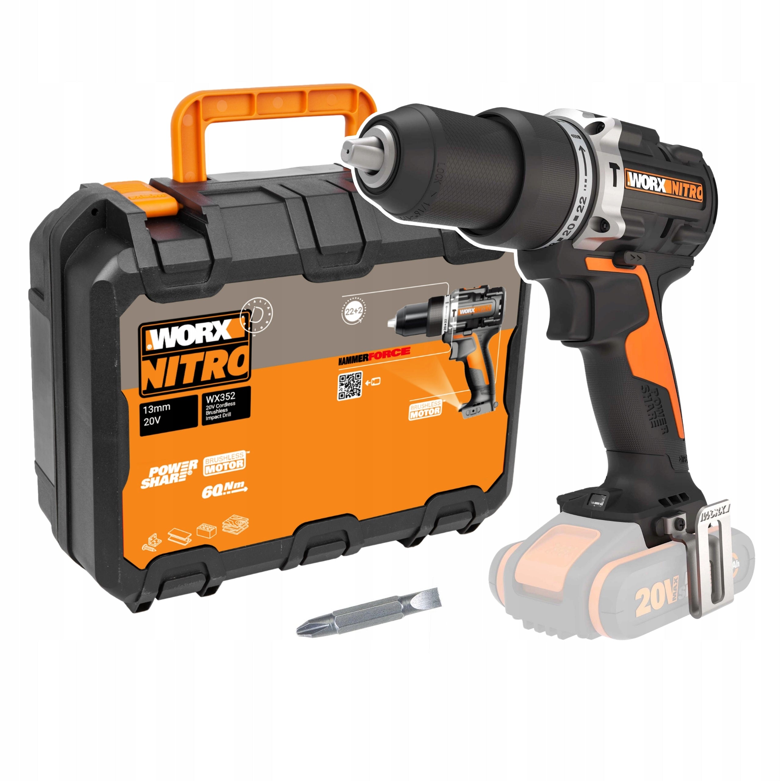 Brushless drill WORX NITRO WX352 UDAR 60Nm SOLO + SUITCASE