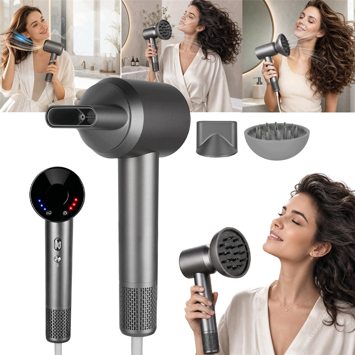 Brushless dryer 1600W with magnetic nozzle and diffuser, graphite