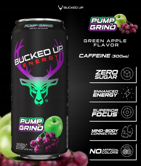 Bucked Up Energy Pump-N-Grind Zero Sugar 473ml Functional Energy Gym Expiration date at least six months from the date of purchase