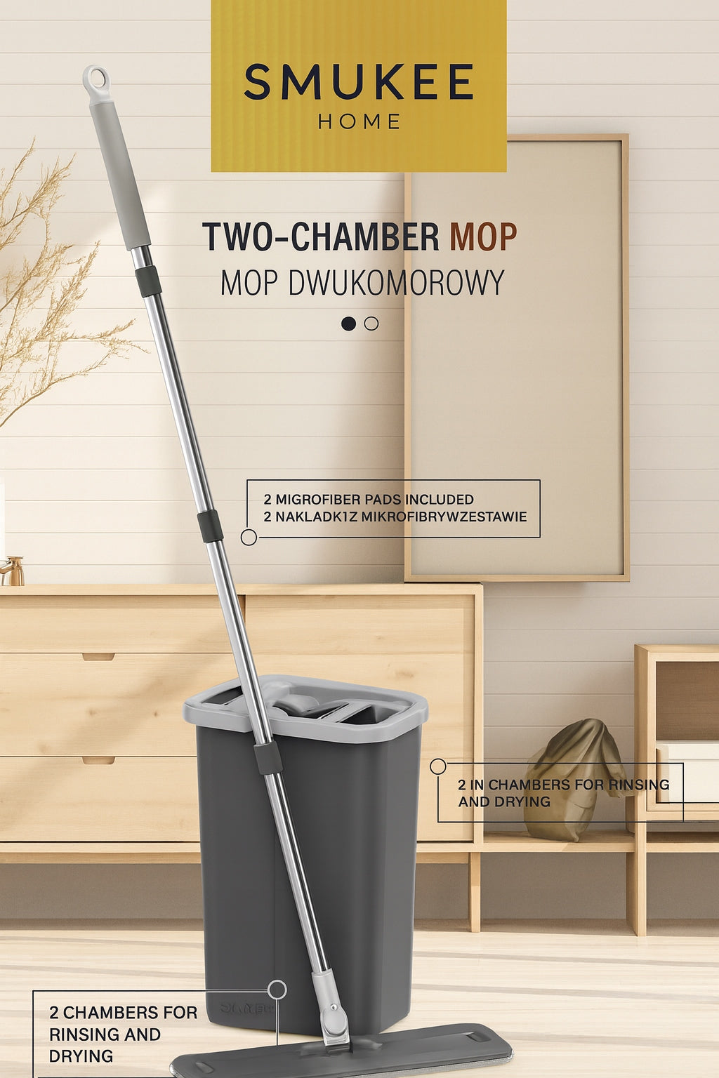 Bucket and flat mop Smukee Grey Two-chamber