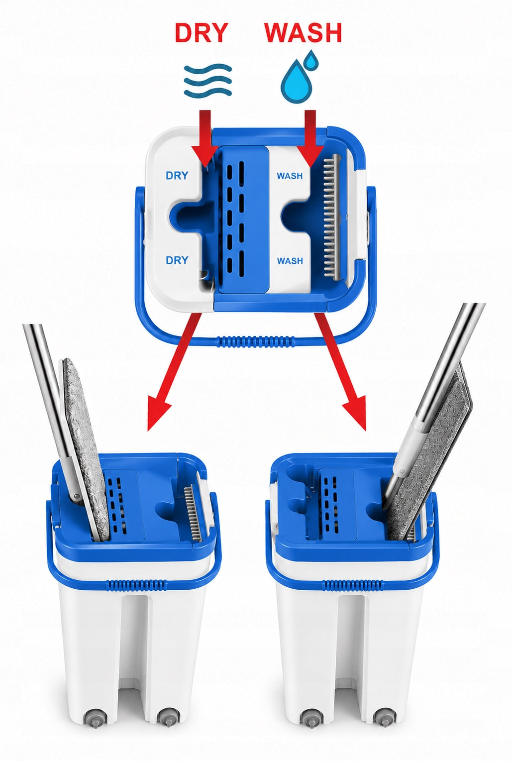 Bucket and flat mop with squeezer two-chamber folding stick set Mr Clean Packaging status original