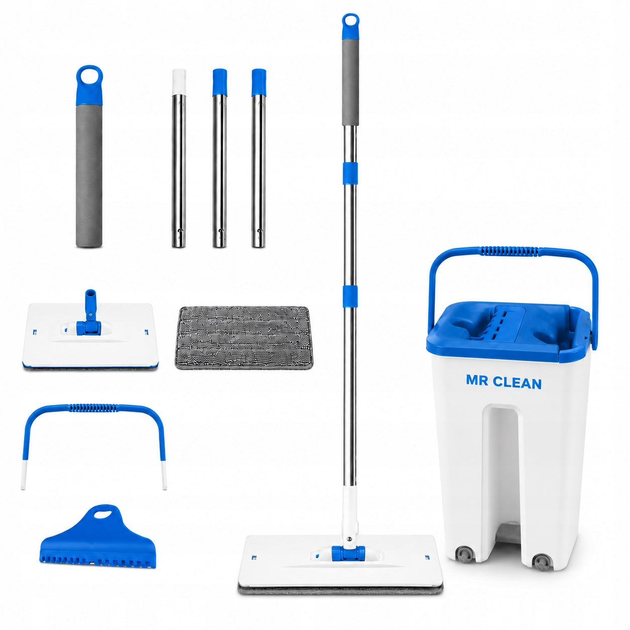 Bucket and flat mop with squeezer two-chamber folding stick set Mr Clean