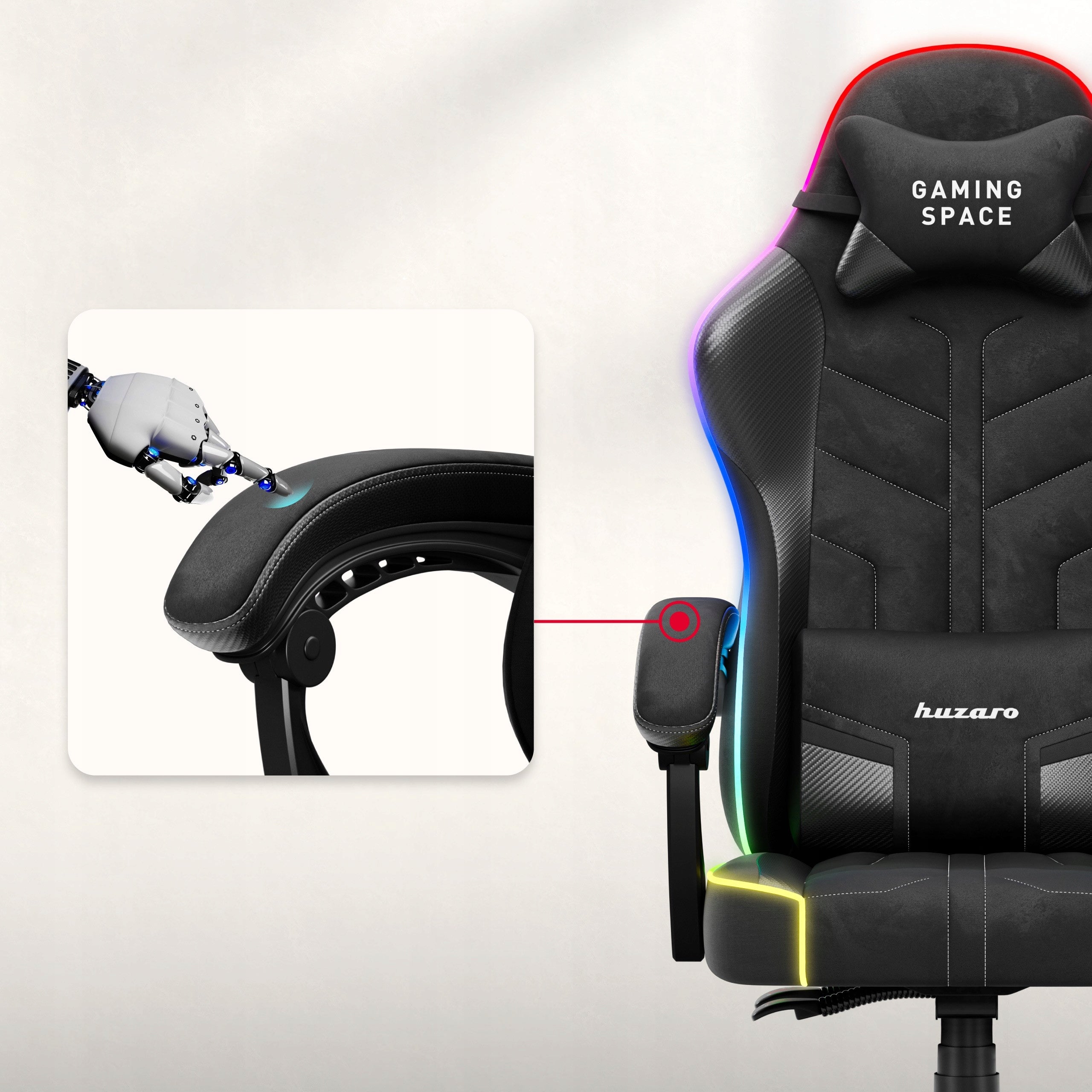 Bucket gaming chair HUZARO black RGB LED for desk computer Furniture width 63 cm