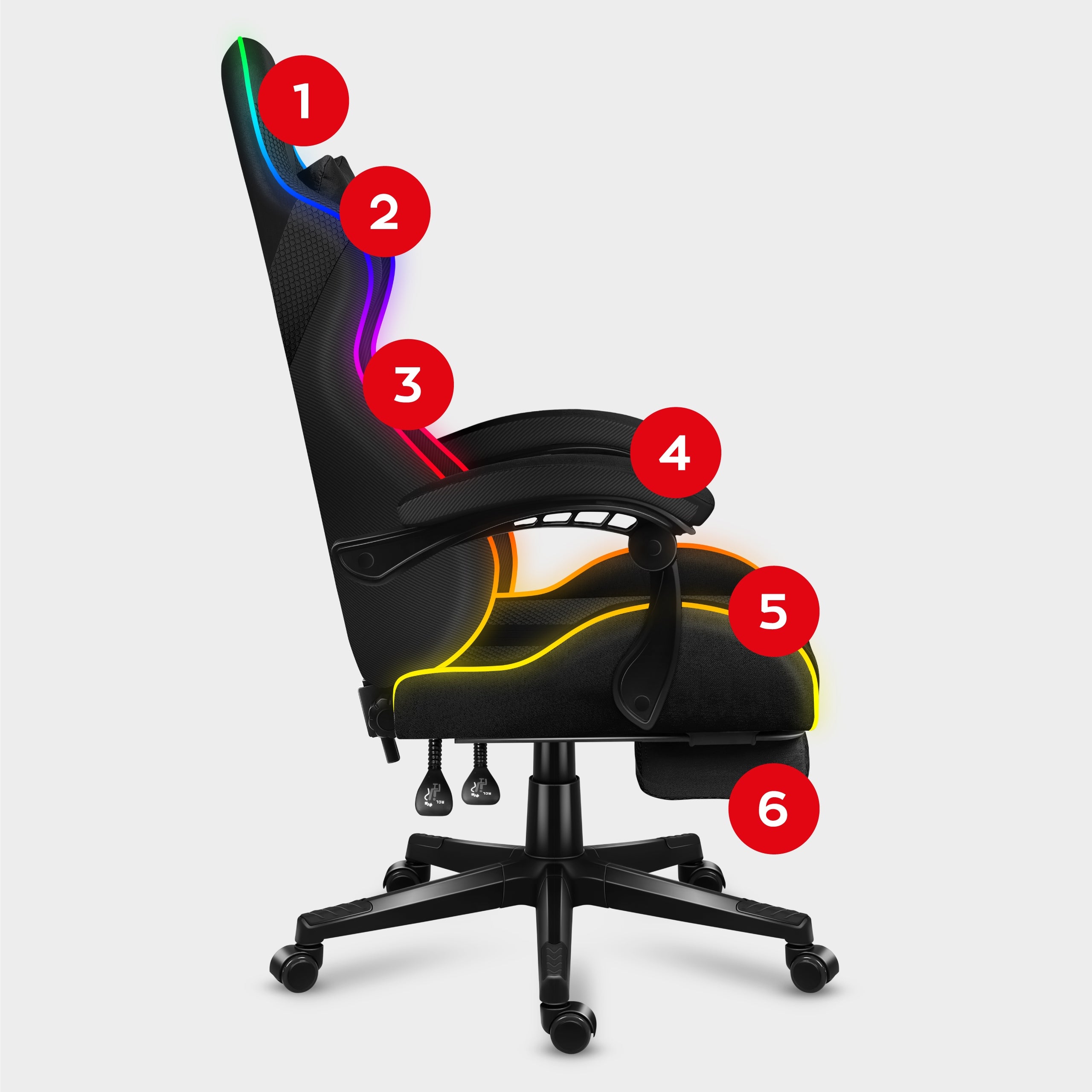 Bucket gaming chair HUZARO black RGB LED swivel with footrest Packaging status original