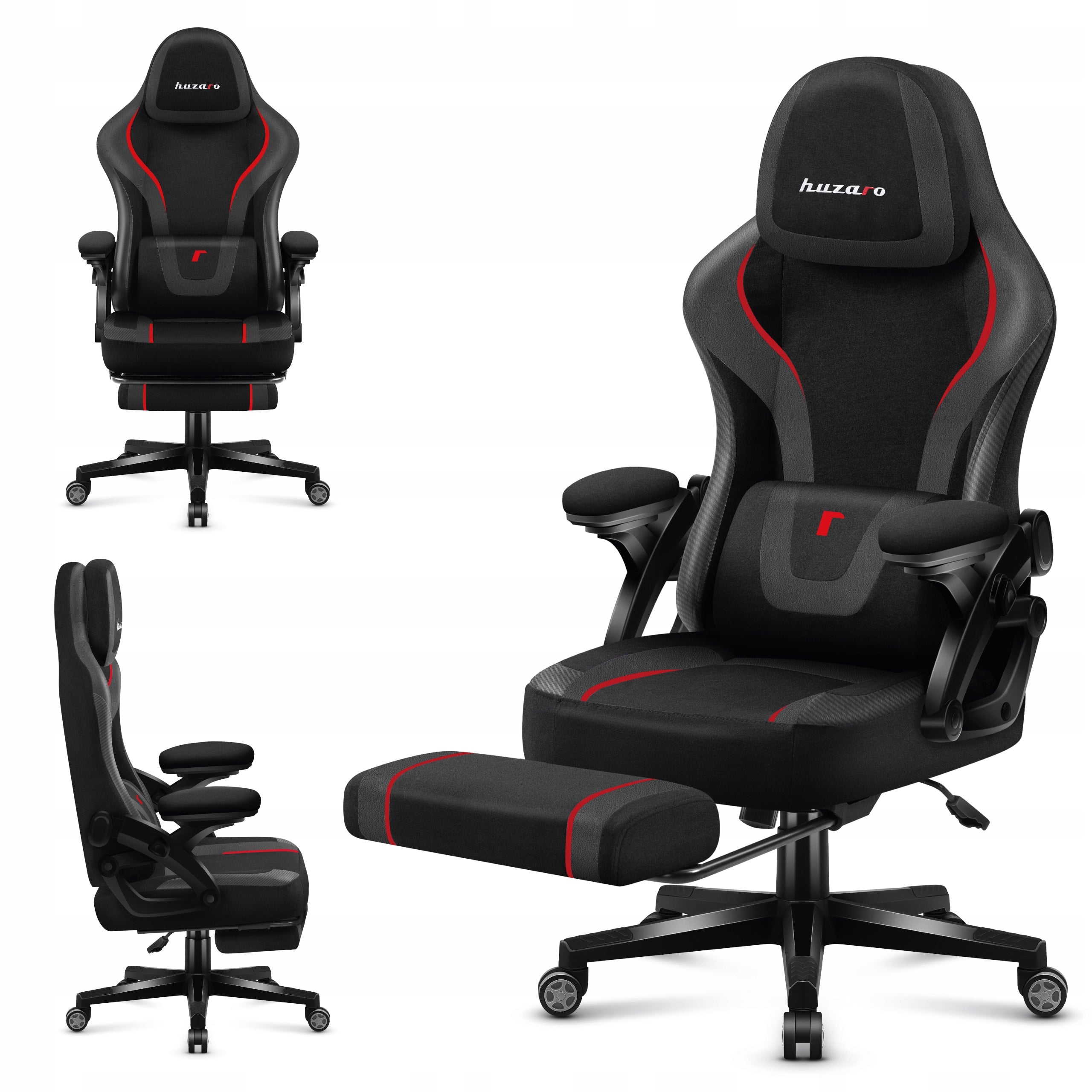 Bucket gaming chair HUZARO black and red swivel with footrest