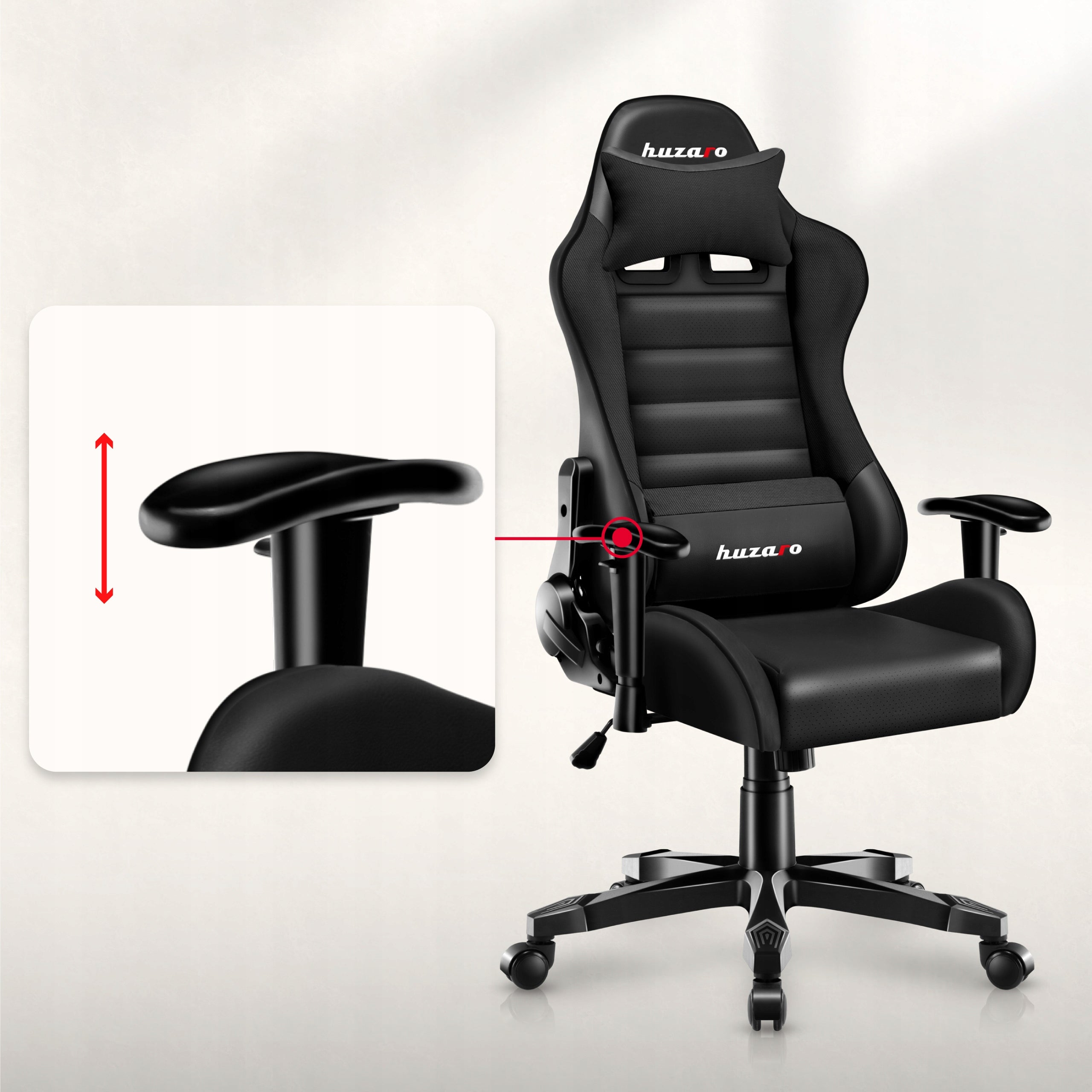 Bucket gaming chair HUZARO black for ergonomic rotary desk Furniture depth 61 cm