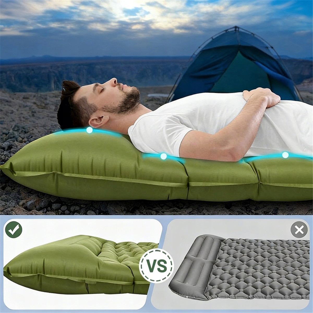 Built-in Foot Pump, For 2 People, Inflatable Camping Mat, Green Manufacturer code materac dmuchany 190x140 cm