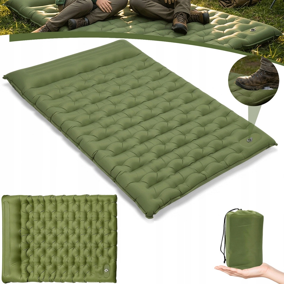 Built-in Foot Pump, For 2 People, Inflatable Camping Mat, Green
