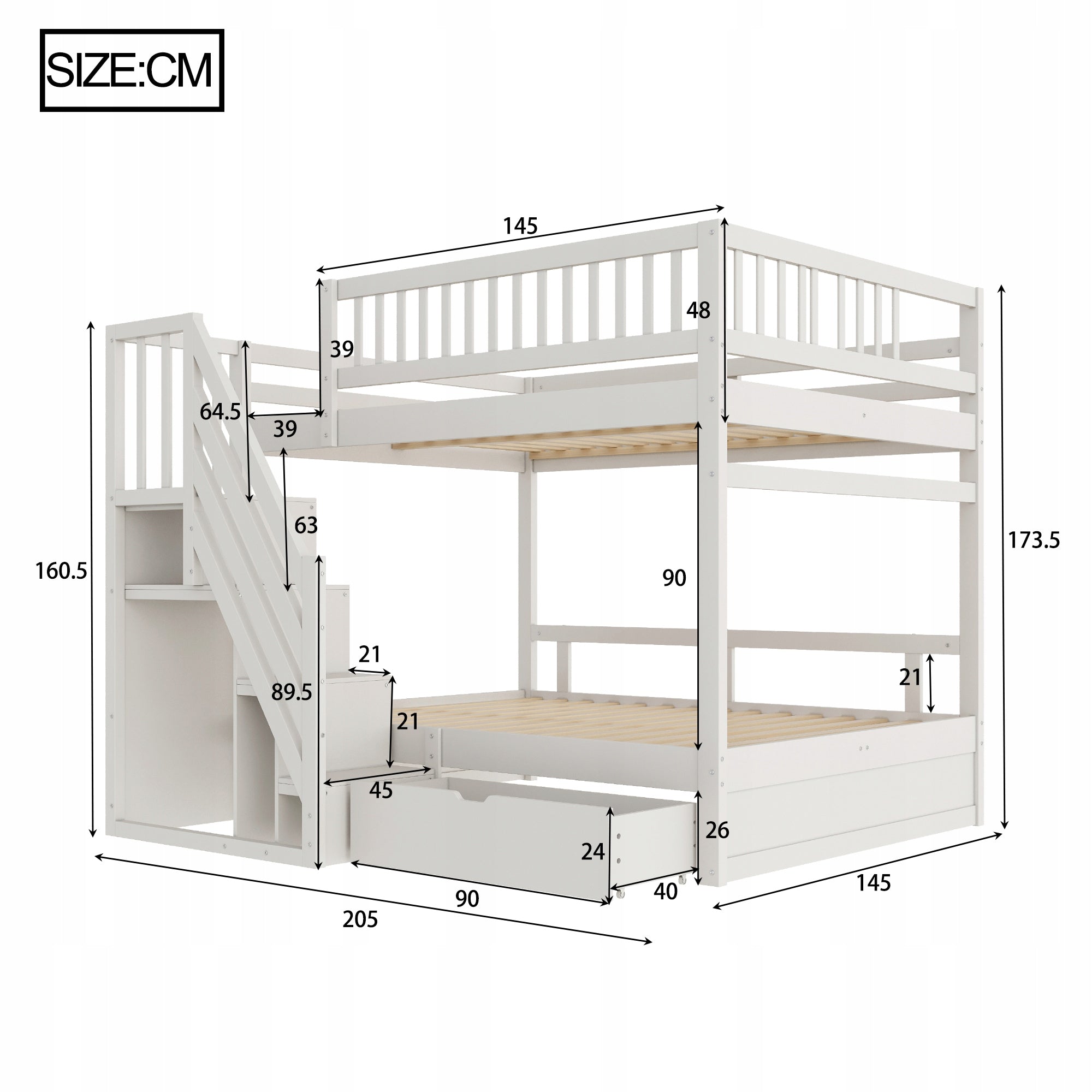 Bunk Bed 140*200 Children's Barriers Drawers Ladder Wood White Brand Arhatreya