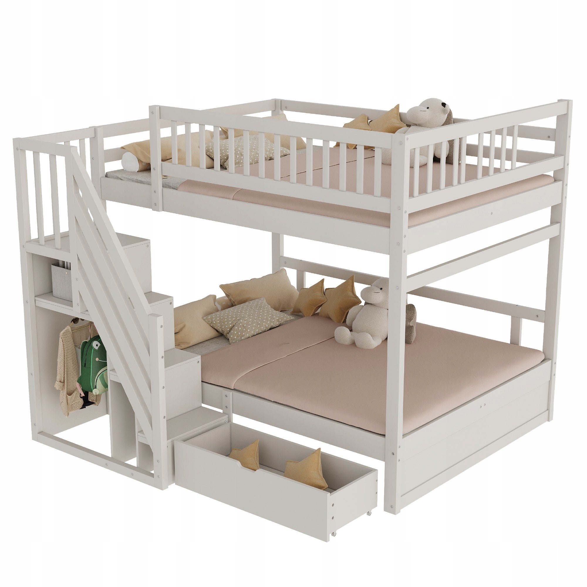 Bunk Bed 140*200 Children's Barriers Drawers Ladder Wood White Collection nowoczesny