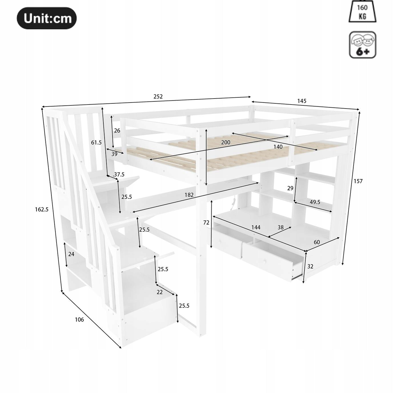 Bunk Bed Children's LED Bed 140X200CM Desk Shelf Drawer White Brand Arhatreya