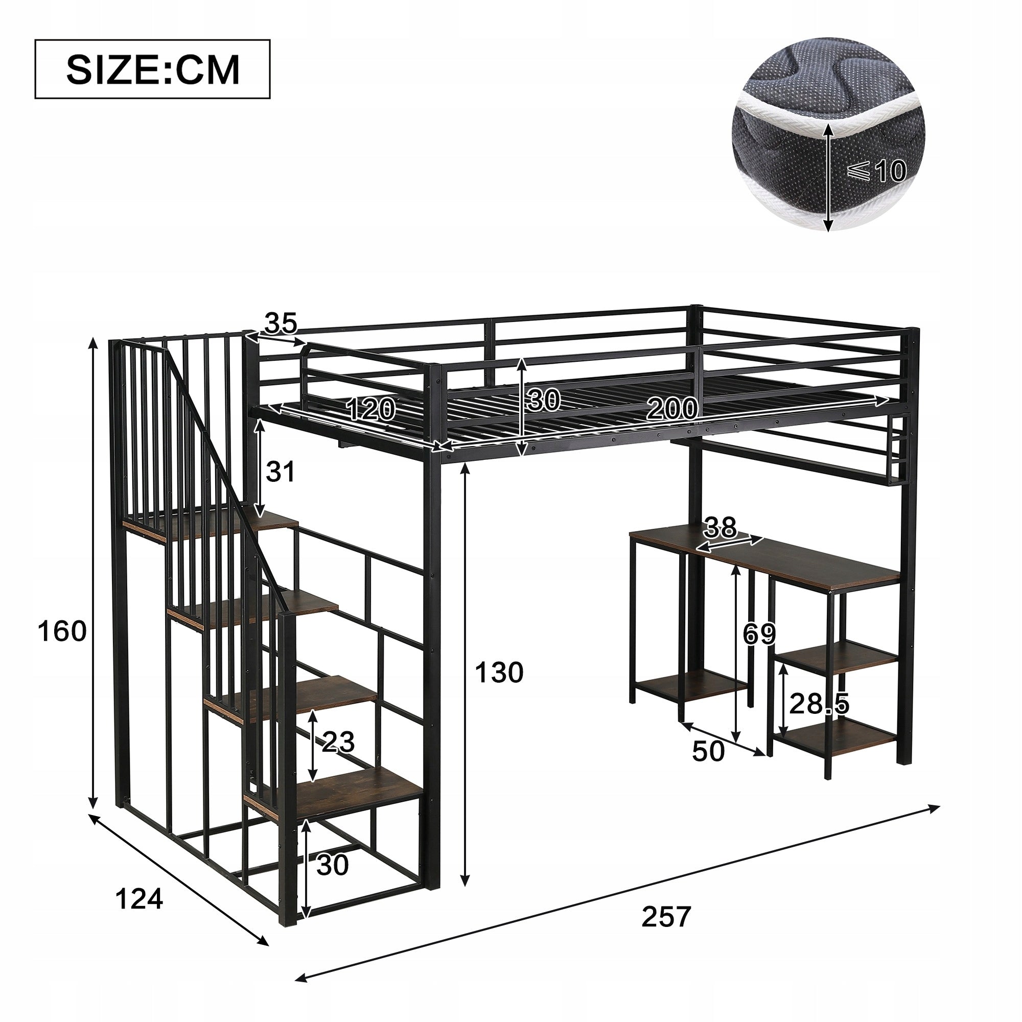 Bunk bed 120x200 black staircase desk shelves roomy iron frame Packaging status original