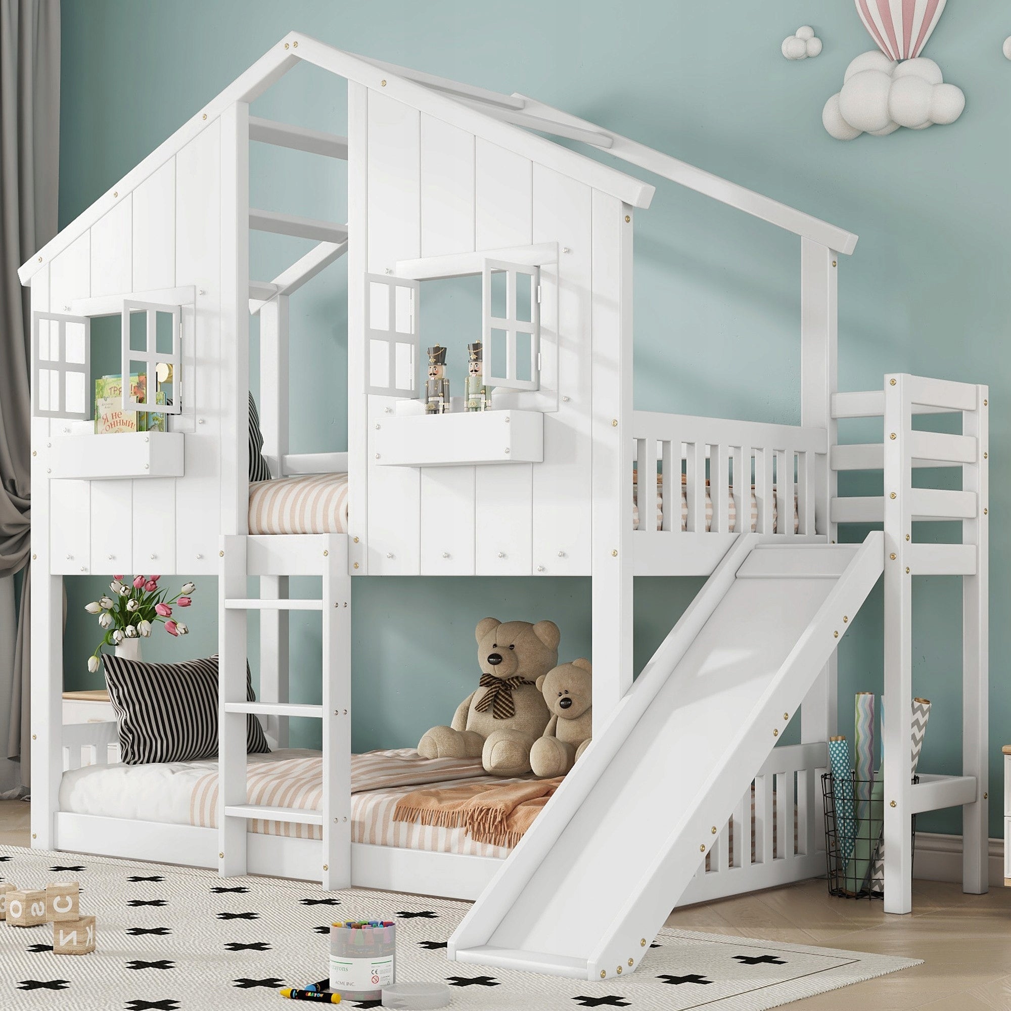 Bunk bed, children's bed Sliding roof and window White, 90 x 200 cm