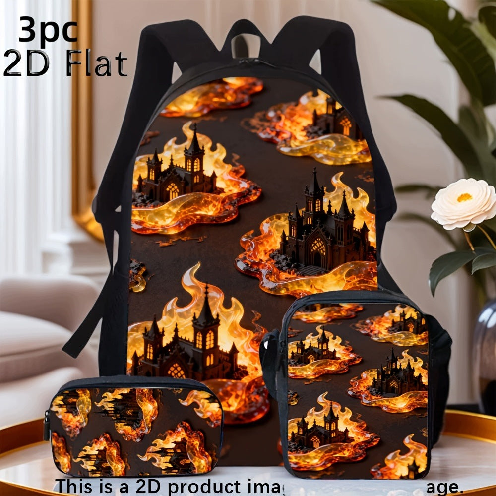 Burning Castle Pattern Fashionable 3-Piece Daily Bag Set