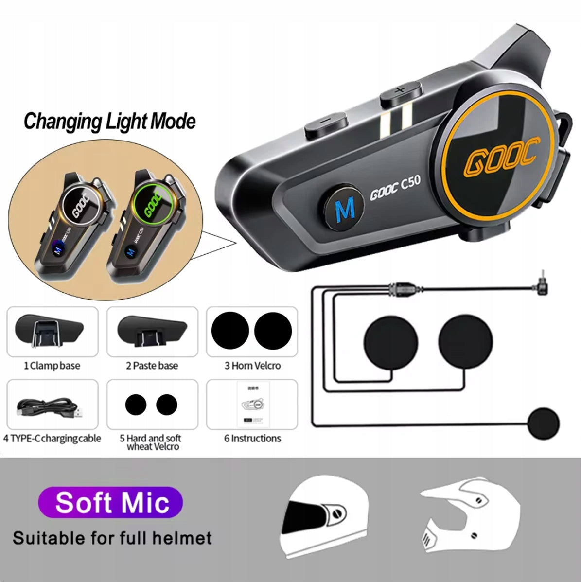 C50 Intercom Motorcycle Bluetooth Helmet Headset Waterproof Packaging status original