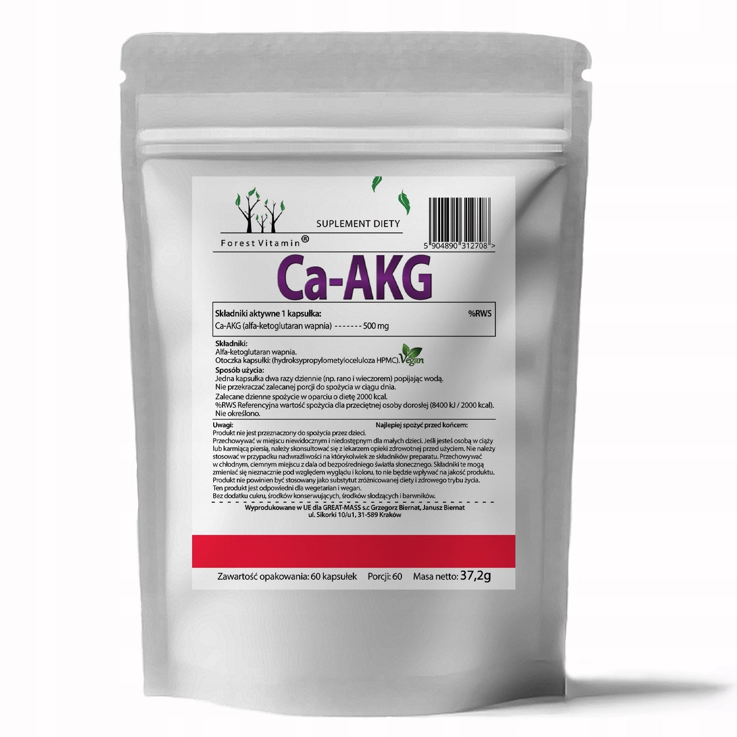 CA-AKG 500MG 60 CAPSULES ALPHA-KETOCLUTARATE CALCIUM HPMC ENERGY VEGAN Brand Forest Vitamin