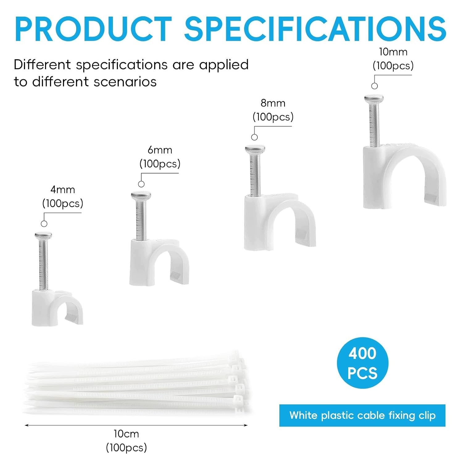 CABLE CLAMPS 4/6/8/10MM WHITE PLASTIC 400PCS CLAMPS FOR FIXING Brand no brand