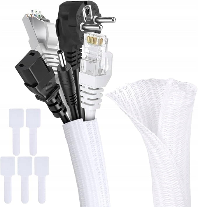 CABLE COVER BRAIDED SELF-WINDING ANTI-BITE 5 BANDS WHITE TV PC VIDEO