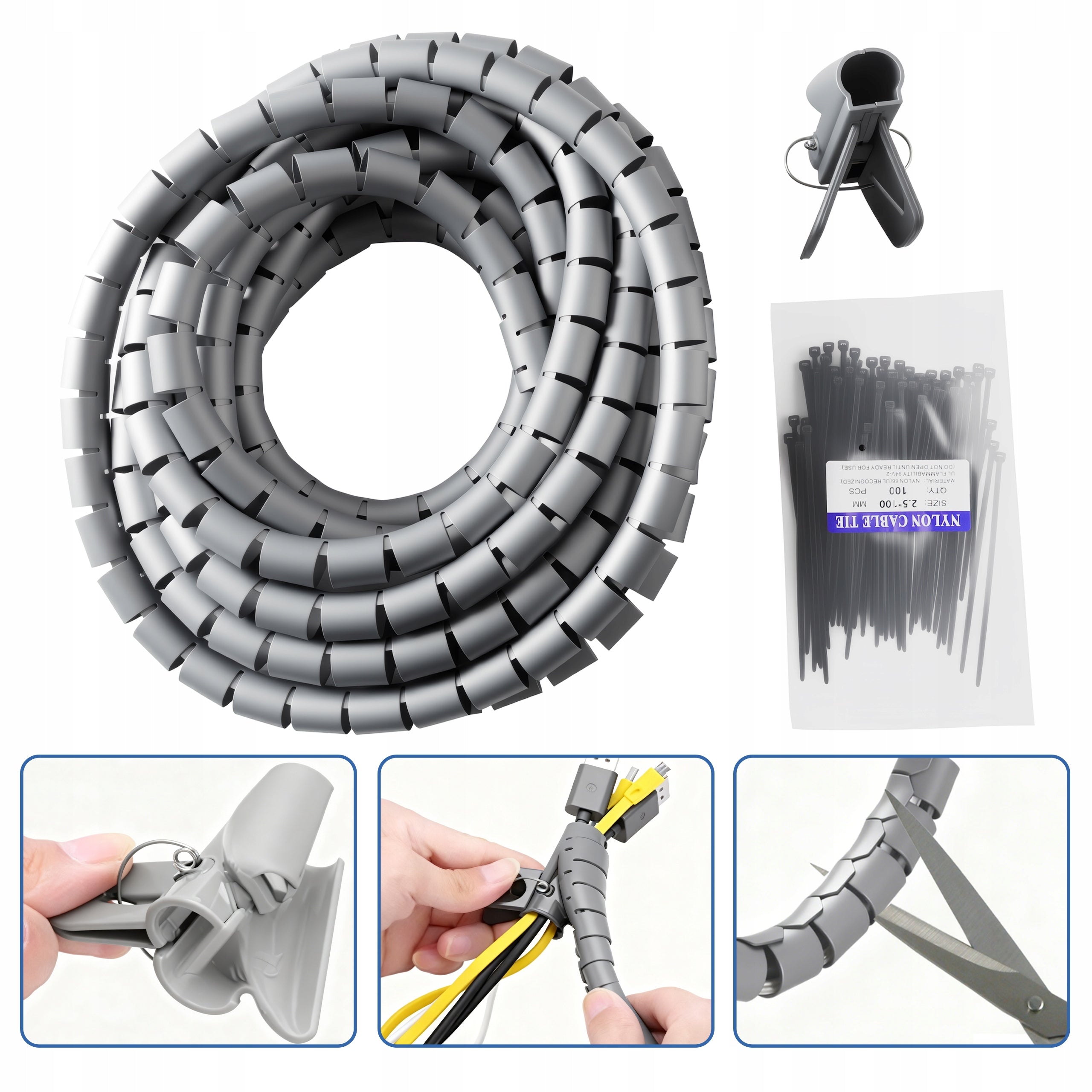 CABLE ORGANIZER CABLE COVER - SPIRAL WRAP 25mm 5m+ CLAMP